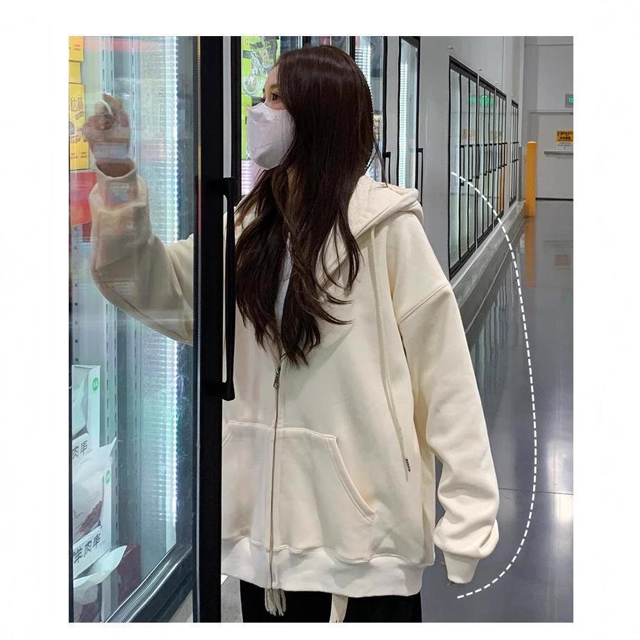 Heavyweight Large Fish Scale Oversized Milk Apricot Zipper Hoodie Cardigan for Women - Early Autumn Student Jacket