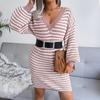 Herbst Winter Damen Locker Gestricktes Kleid Langarm V-Ausschnitt Streifen Aushöhlen Wollig