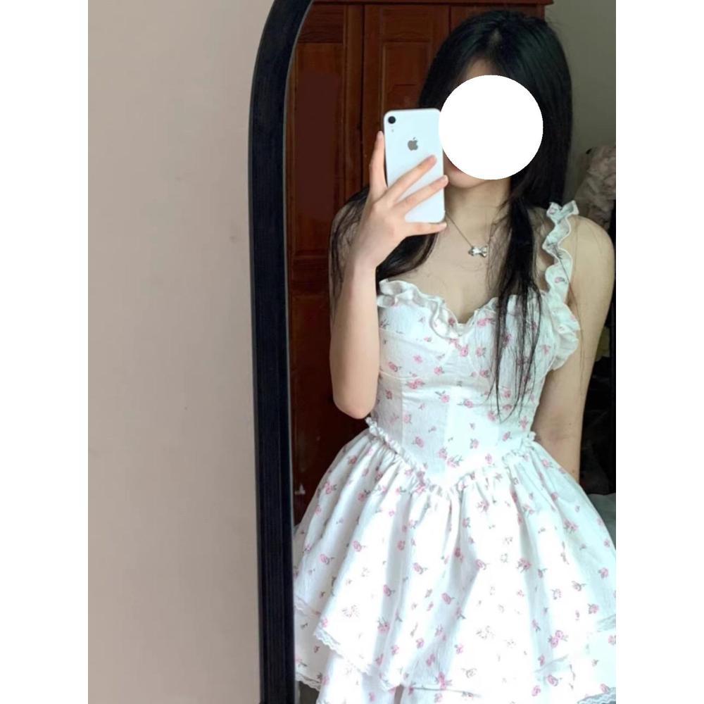 

Белое цветочное платье на бретелях детское летнее новое повседневное милое платье-принцесса с талией и юбкой-пачкой XL- (recommended 110-60kg)