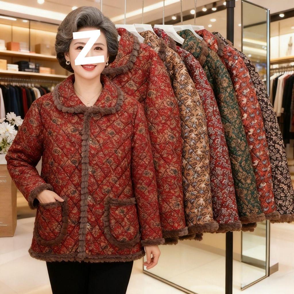 Jaqueta de Algodão Quente com Lapela Floral de Novo Estilo 2025 com Forro de Veludo para Mulheres de Meia-Idade e Idosas, Roupa Exterior Solta e Grossa para Outono e Inverno