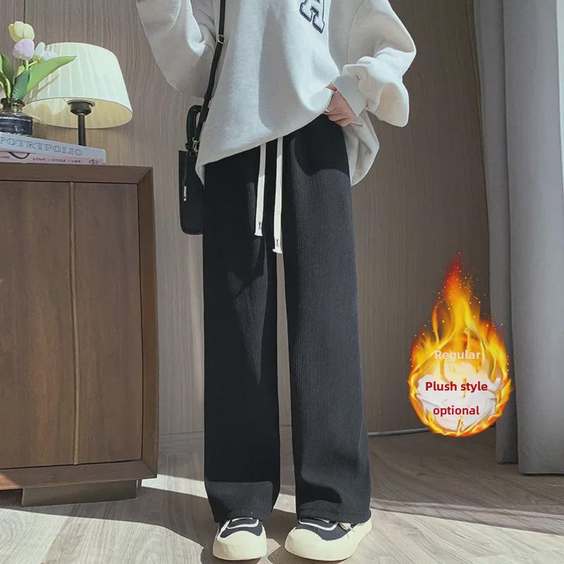 Women's High-Waist Corduroy Wide-Leg Pants: European Cotton Velvet, Autumn/Winter, Slim Drape, Plus Velvet, Casual Straight Fit.