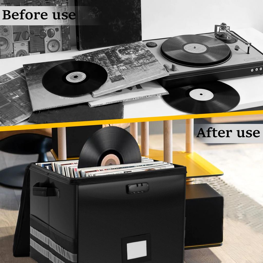 Ohnivzdorná vodotěsná úložná krabice na vinylové desky Organizér na desky se zámkem Přepravka na LP alba Pojme až 150+ singlů pro domácnost