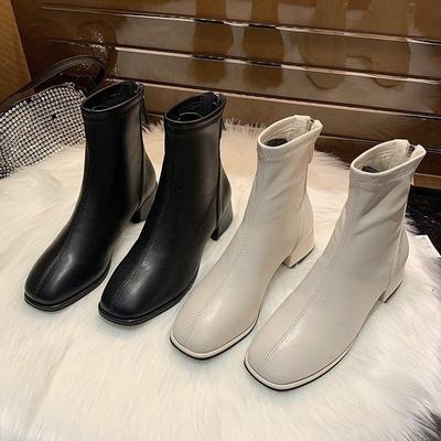 Outer Size Autumn and Winter New Square Head Thick Heel Medium Heel Short Boots Women's British Rear Zipper Women's Leather Boots