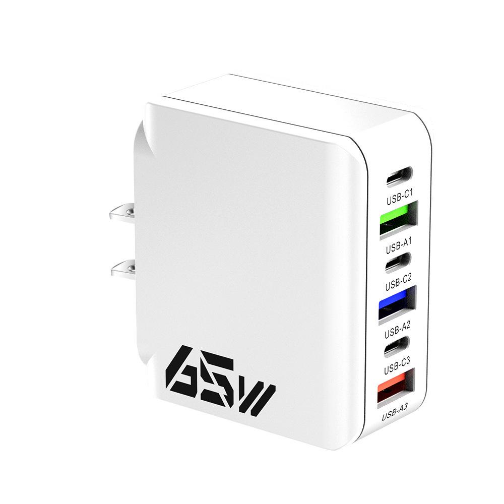 65W Multi-port Charger: 3 PD + 3 USB Ports, Compatible with US/EU/UK Standards, C Port Adapter