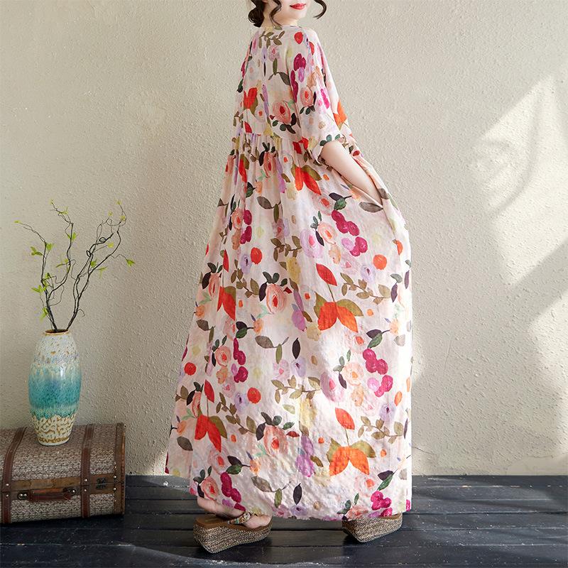 Dámské bavlněné šaty s krátkým rukávem ve vintage květinovém stylu plus size, bohémské, nadměrné, ležérní, volné, dlouhé letní šaty, elegantní oblečení