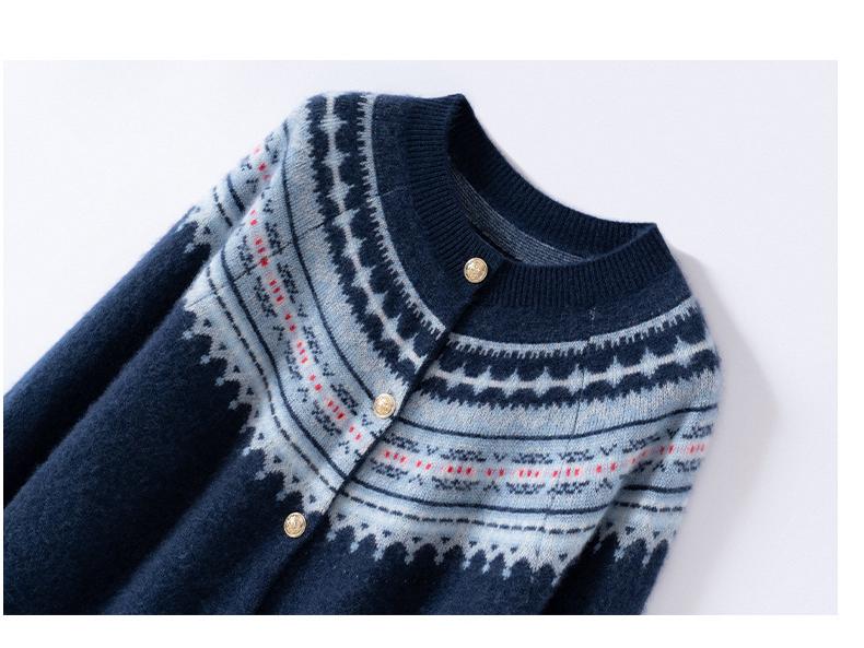 Women's Retro Fair Isle Cashmere Cardigan - Soft Long Sleeve Wool Sweater with Round Neck