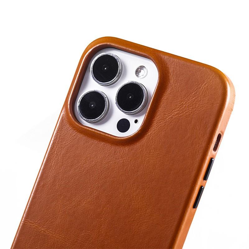 Genuine Leather IPhone 14 13 Pro Max Case With Magnetic Snap Handmade Crazy Horse Texture Back Cover