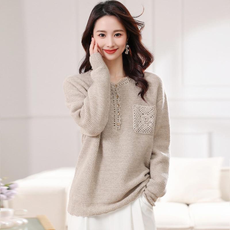 

Женский свитер из 100% кашемира с круглым вырезом - Длинный рукав, Новинка 2024 Осень/Зима Теплый вязаный базовый слой. One Size