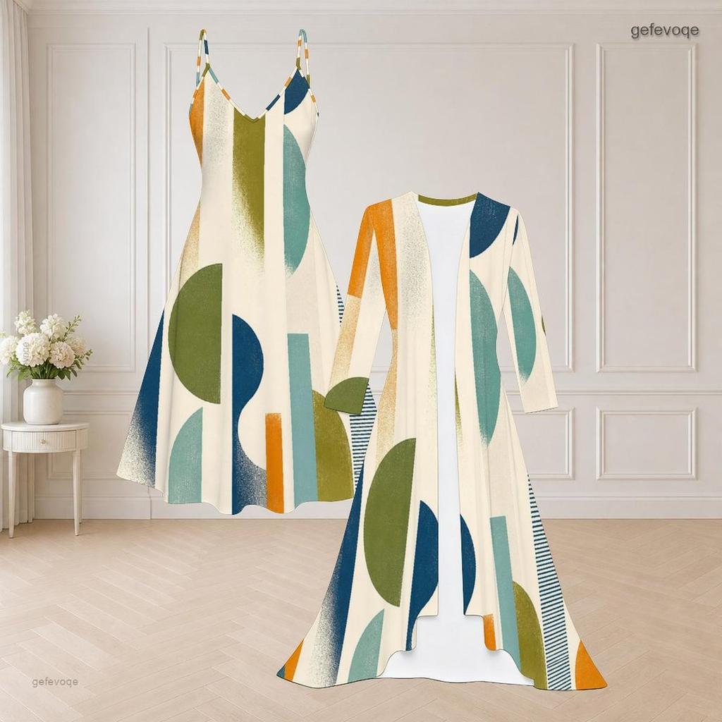 Women Plus Size Two Piece Set Geometric Leaf Printed Strappy V Neck Flared Dress And Long Sleeve Open Front Cardigan