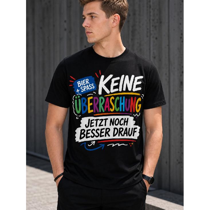 Men's Black Short Sleeve T-Shirt with Colorful German Beer & Fun Graphic, Crew Neck, Soft Cotton Feel, Casual Party Wear