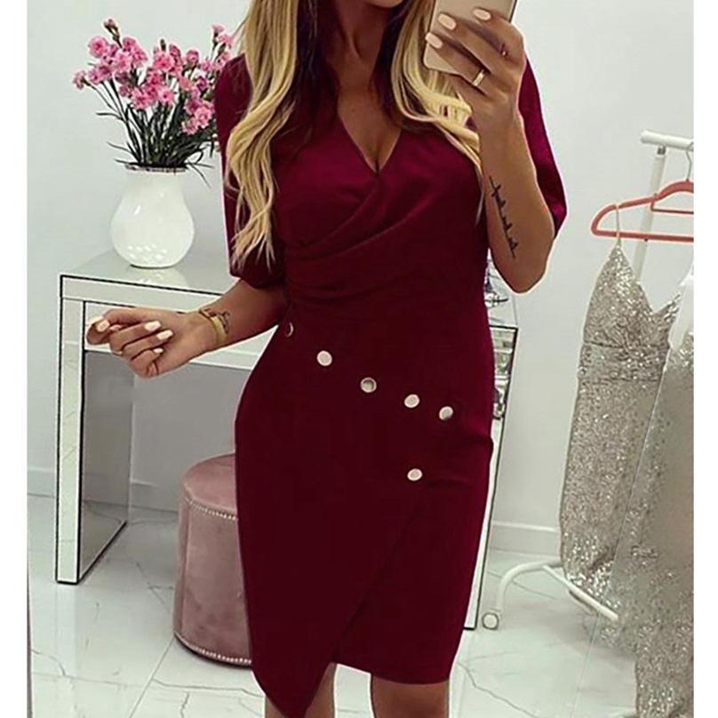 Fashion Women elegant Casual Slim Fit High Quality Solid Metal Buckle Plus Size Irregular Dress