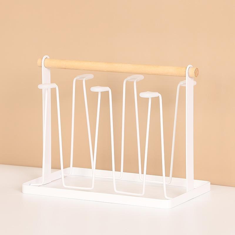 Cup Drying Rack Stand,Beer Glasses Rack 6 Cup Metal Drainer Holder Rack Non-Slip Mugs Cups Organizer with Wood Handle