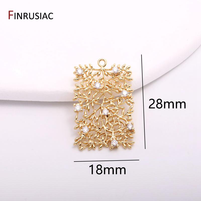 

14K Gold Plated Brass Rectangular Tree of Life Charms Sparkling Zircon Earrings Pendants For Jewelry Making Supplies 1 piece