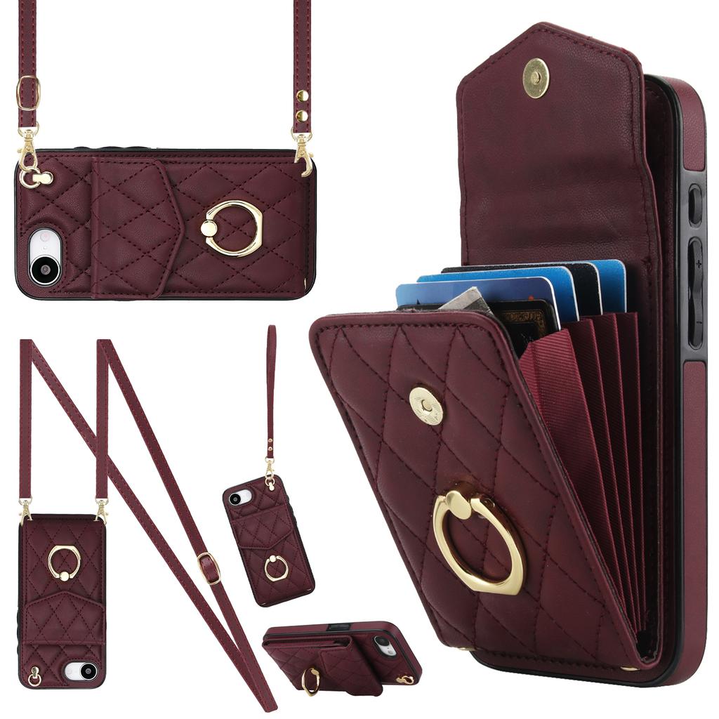 For iPhone 16e Case RFID Blocking Card Bag Leather+TPU Crossbody Phone Cover with Ring Kickstand