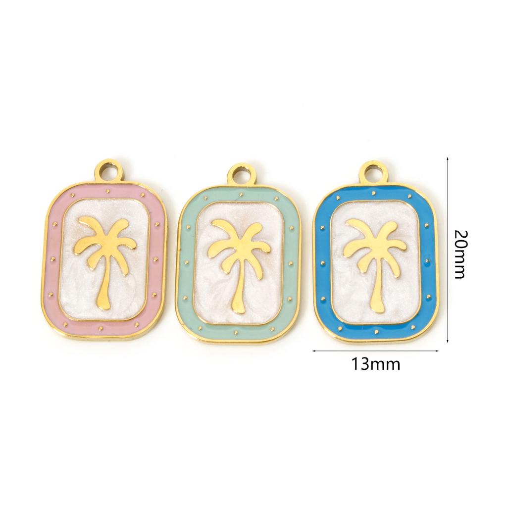 304 Stainless Steel Flora Charms 18K Gold Plated Rectangle Coconut Palm Tree Enamel Pendant DIY Necklace 20mm x 13mm, 2 Pcs