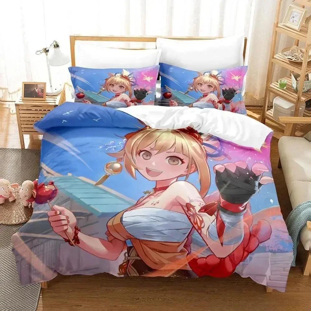 2024 Game Yoimiya Genshin Impact Bedding Set Cartoon Anime three-piece set Adult Kid Bedroom Duvet cover Sets 3D Kawaii Girls