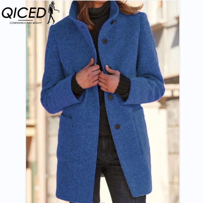 

QICED Женские винтажные повседневные куртки и пальто с принтом «клетка», с длинным рукавом, с воротником поло, на осень-зиму L джинсовый синий