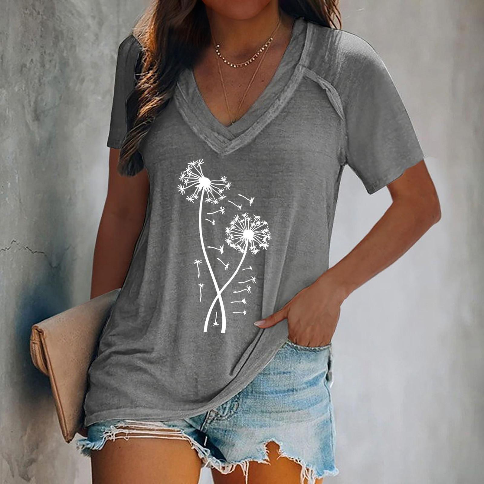 

Жіночі топи Одягнена літня мода Повсякденна футболка з принтом Повсякденна футболка з рукавом через плече і V-подібним вирізом. Тонка пухнаста туніка XXXL