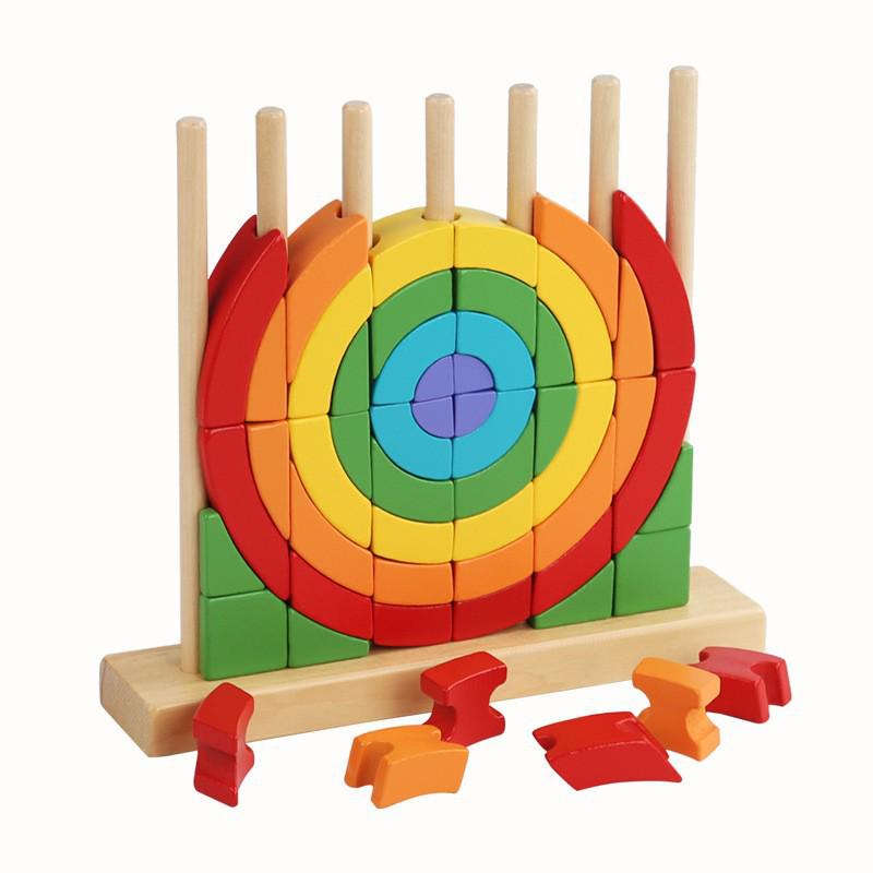 Rainbow Stackable Wooden Geometric Shapes - Baby Educational Toy Rings