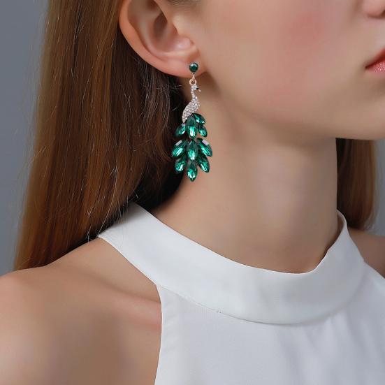 1 Pair Drop Earrings Vintage Rhinestone Peacock Golden Finish Luxury Elegant Green Faux Crystal Feather Dangling Earrings Fashion Jewelry
