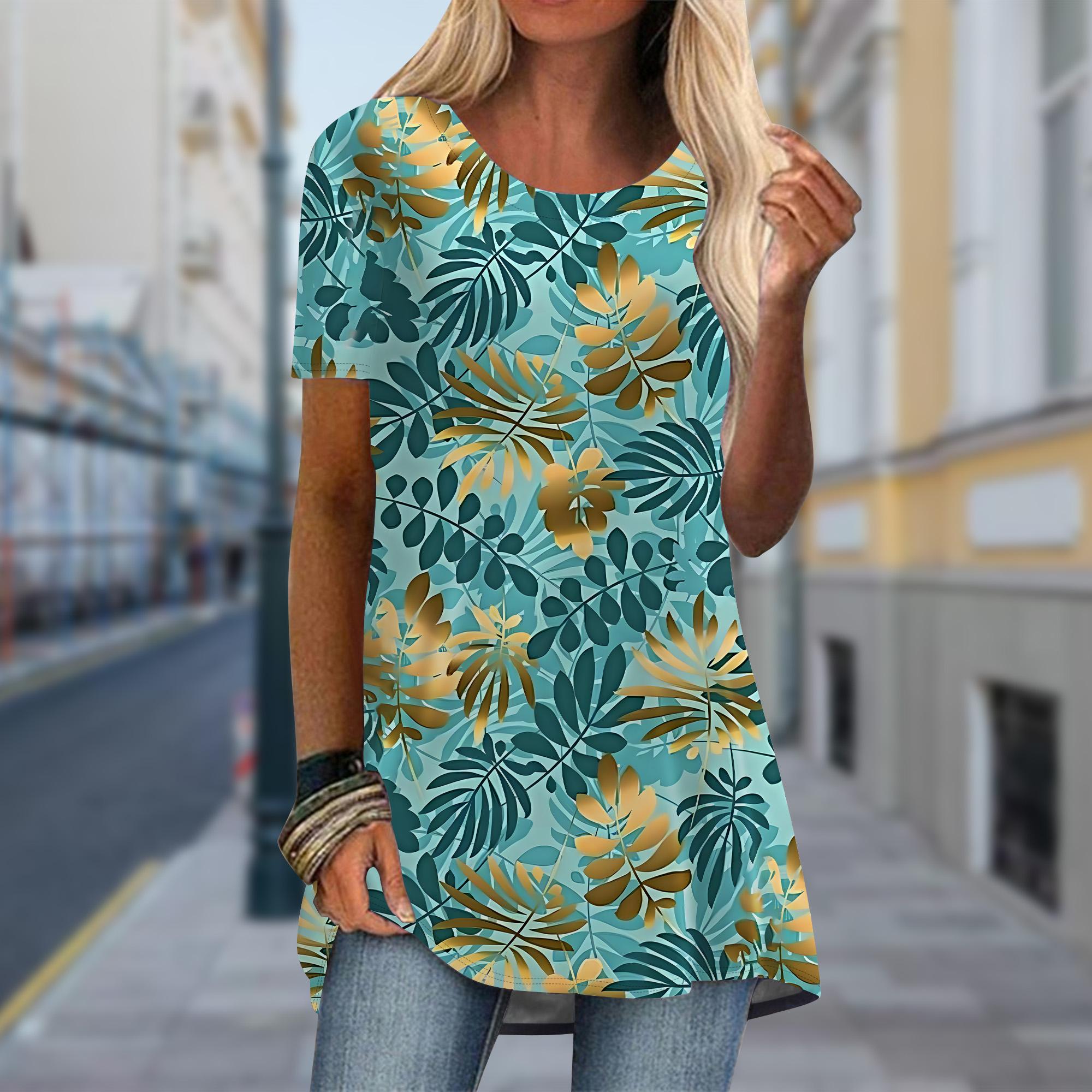 

Большие размеры Женская весенняя черная футболка с принтом растений, удобная, с коротким рукавом и круглым воротником, повседневные мешковатые футболки средней длины 8XL зелёный