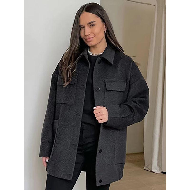 

Fashion New Arrival Lapel Single Breasted Minimalist Woolen Outwear Single Brewed Woolen Jacket Dark gray L