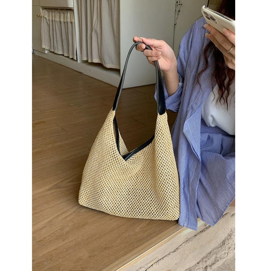 

Purses Woven Casual Bucket Straw Underarm Bag Large Capacity Solid Color Shoulder Women Knitting Holiday Beach Shopping Bag чорний