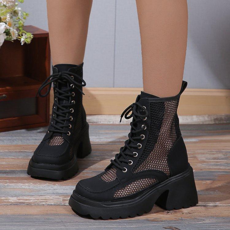 

Новые летние ботинки на толстой подошве с квадратным носком в британском стиле, маленькая сетка, на высоком каблуке, с вырезами, универсальные, крутые ботинки, женская обувь 42 чёрный