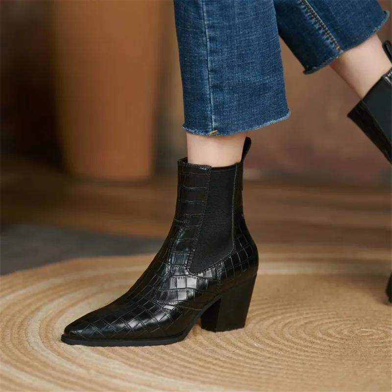 Mode 2024 Nya Höst/Vinter Damstövlar Spetsig Tå Tjock Klack Korta Stövlar Mode Chelsea Boots Skor för Kvinnor Höga Klackar 34-42