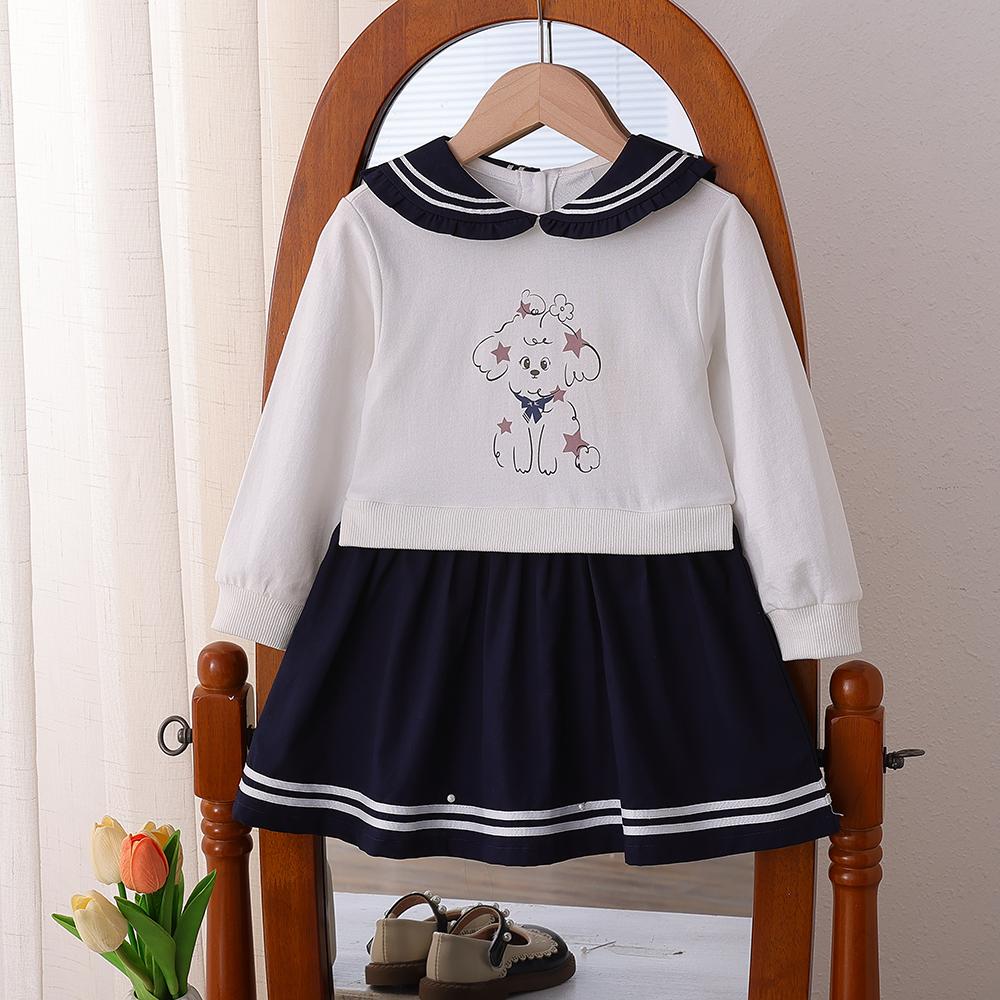 

Платье для девочек из 100% хлопка с темно-синим воротником и принтом щенков, с длинными рукавами, детский наряд для возраста 2-6 лет 100