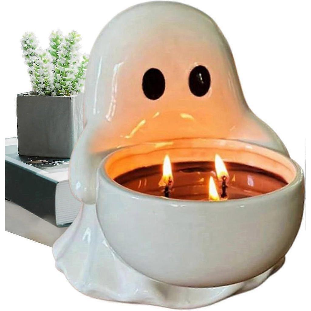 Ghost Candle Holder, Cute Ghost Shape Ceramic Candle Stand, Lightweight Build Halloween Decorative Candlestick Rack for Parties Tabletop, Halloween Ca