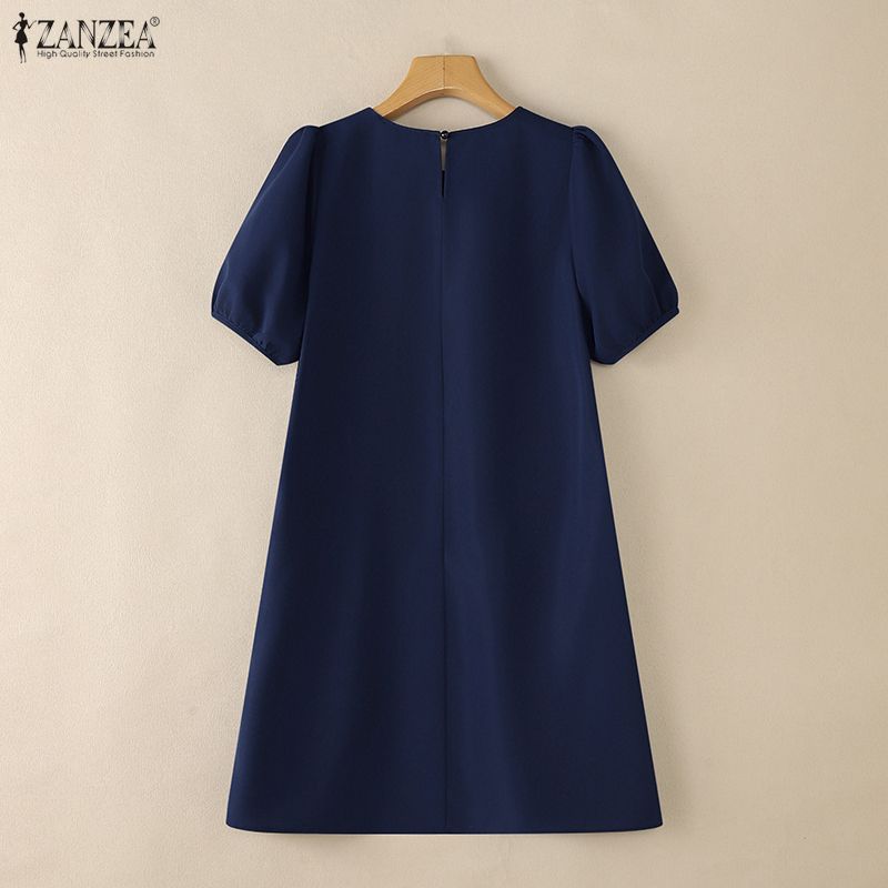 ZANZEA Women Casual Round Neck Solid Color Summer Short Sleeve Dress