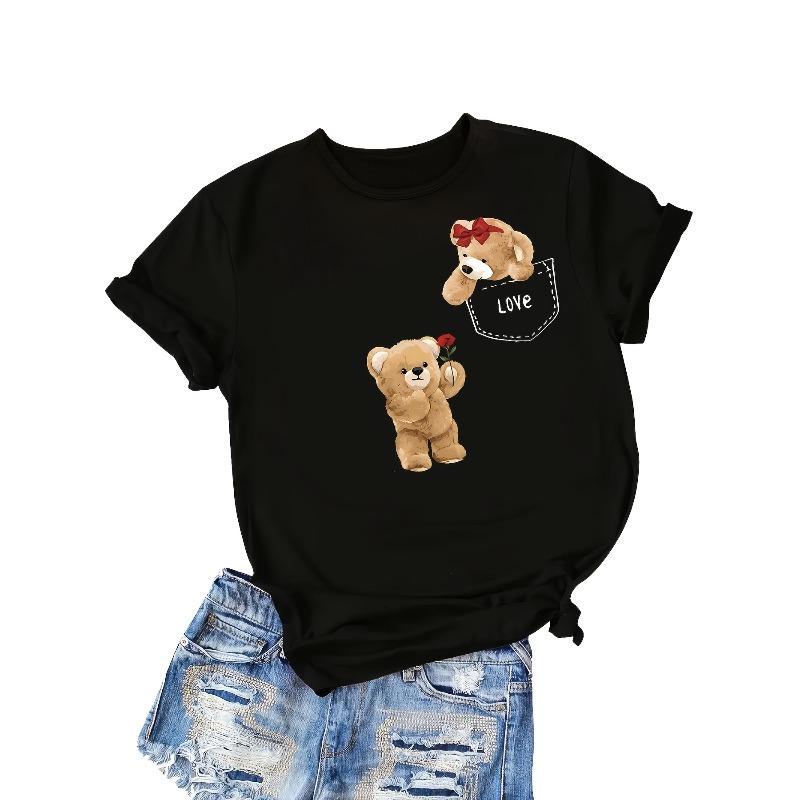 Womens Black Cute Teddy Bear LOVE Graphic T Shirt Soft Round Neck Short Sleeve Casual All Season Top