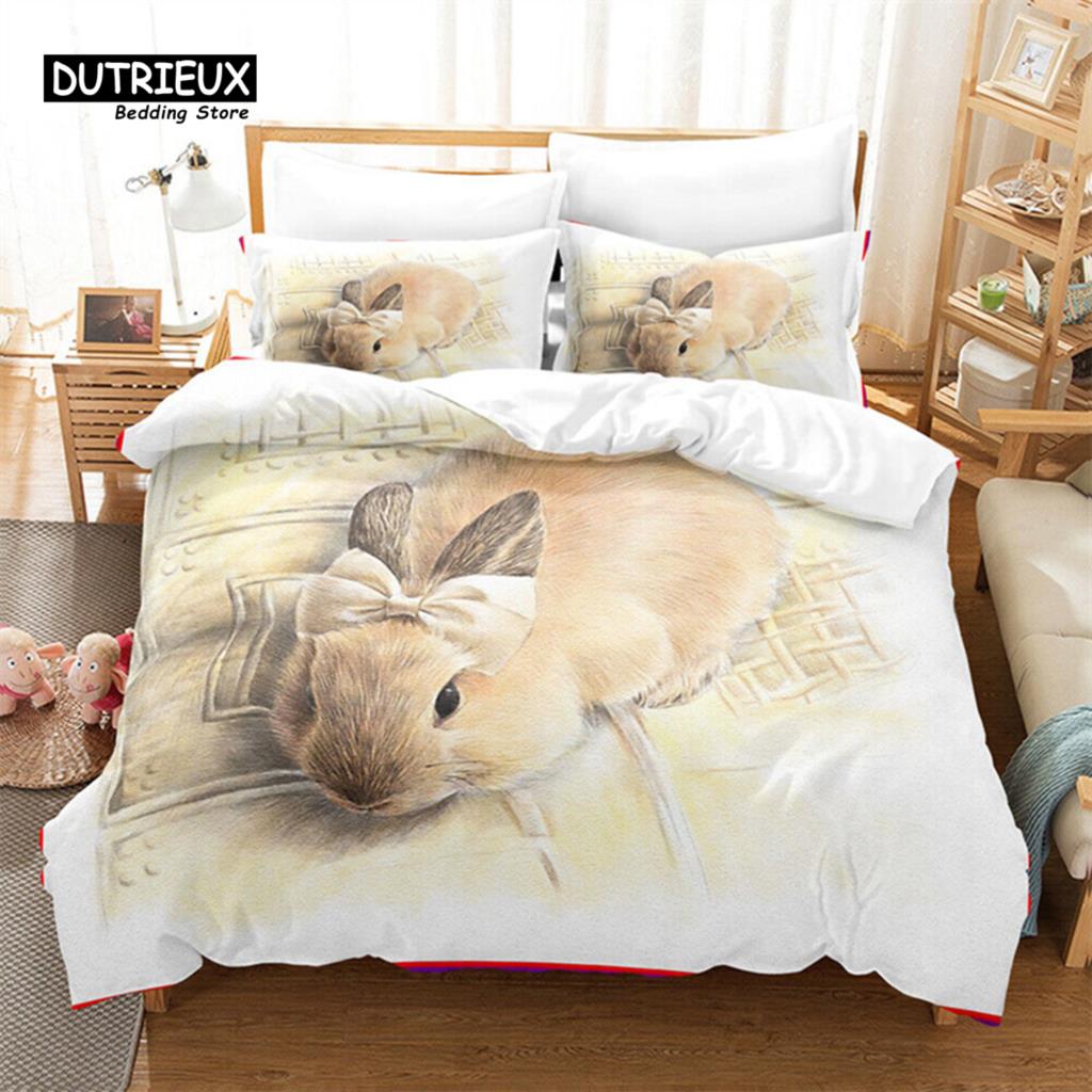 Bunnies Duvet Cover Mushroom Floral Bedding Set Cute Animal Rabbit Quilt Cover Twin Size Greetings and Presents for Easter Day