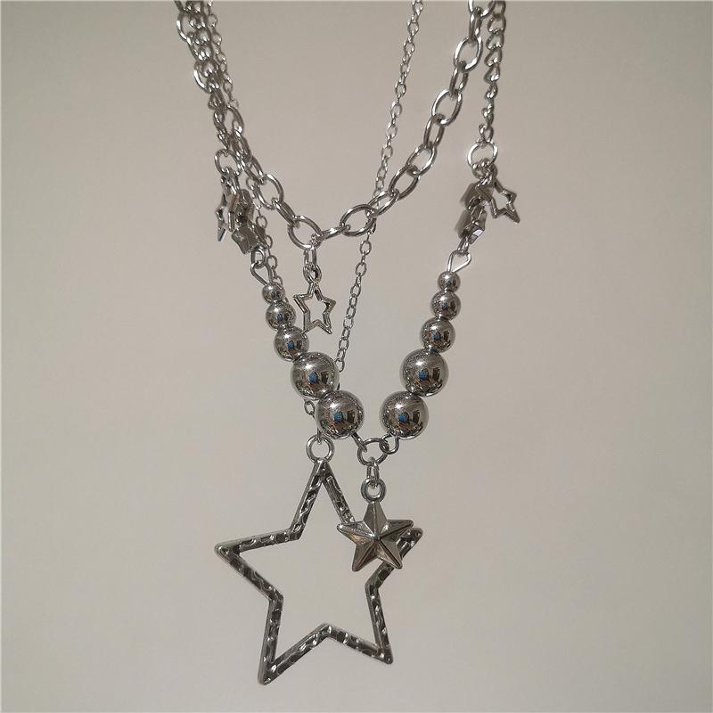 Punk Rock Silver Color Star Pendant Multi Layered Metal Chain Necklace For Women Y2K Charm Goth Vintage Neck Grunge Jewelry Gift