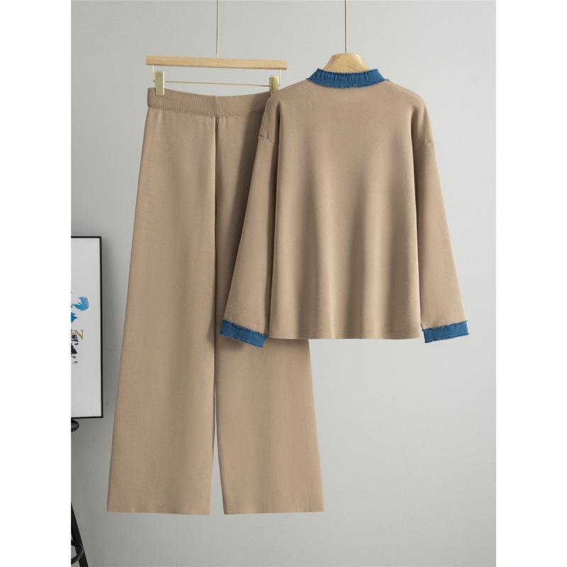 Women's Autumn Winter Knitted Denim Sweater & Wide Leg Pants Set