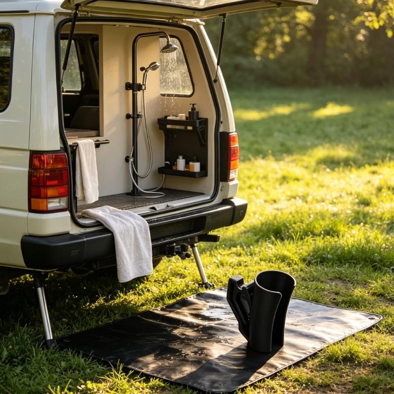 Camping Wash Station Shower Bracket with ABS Plastic Clip-On Cradle for Rear Vehicle Rinse Placement and Storage Use