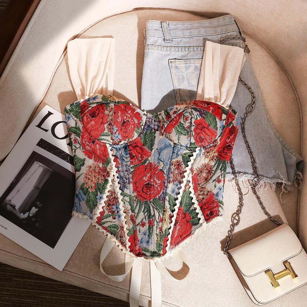 Tao Lina Vintage Print Corset Podkoszulek z Rybim Szkieletem: Damski top bandeau bez rękawów z pięknym tyłem na lato.