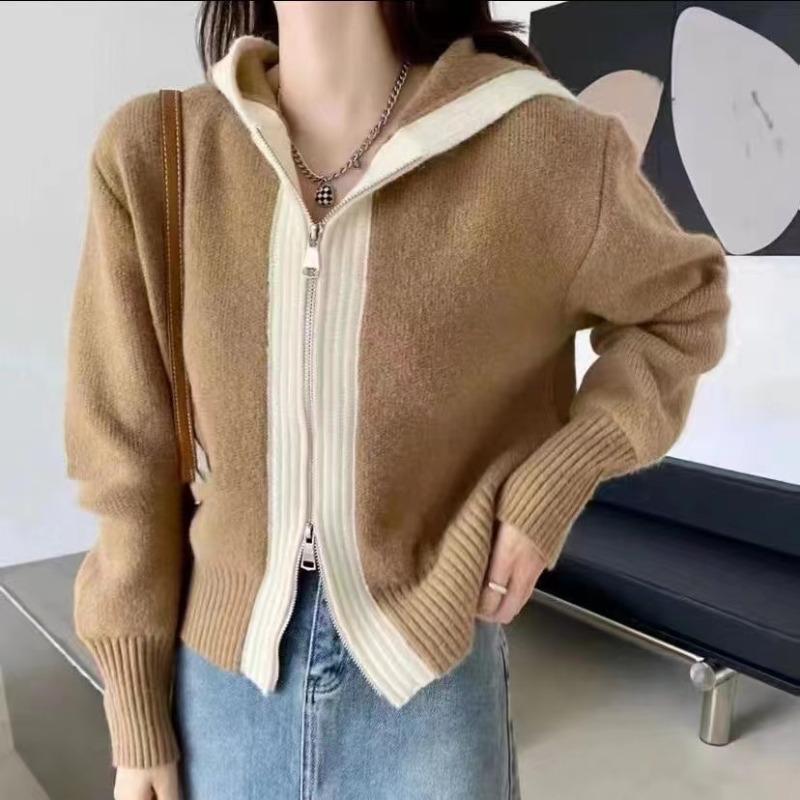 

Осенний новый вязаный свитер с капюшоном на двойной молнии, кардиган для женщин, модный зимний повседневный кардиган с длинным рукавом, куртка женская элегантная однотонная трикотажная одежда 24800 One Size хаки
