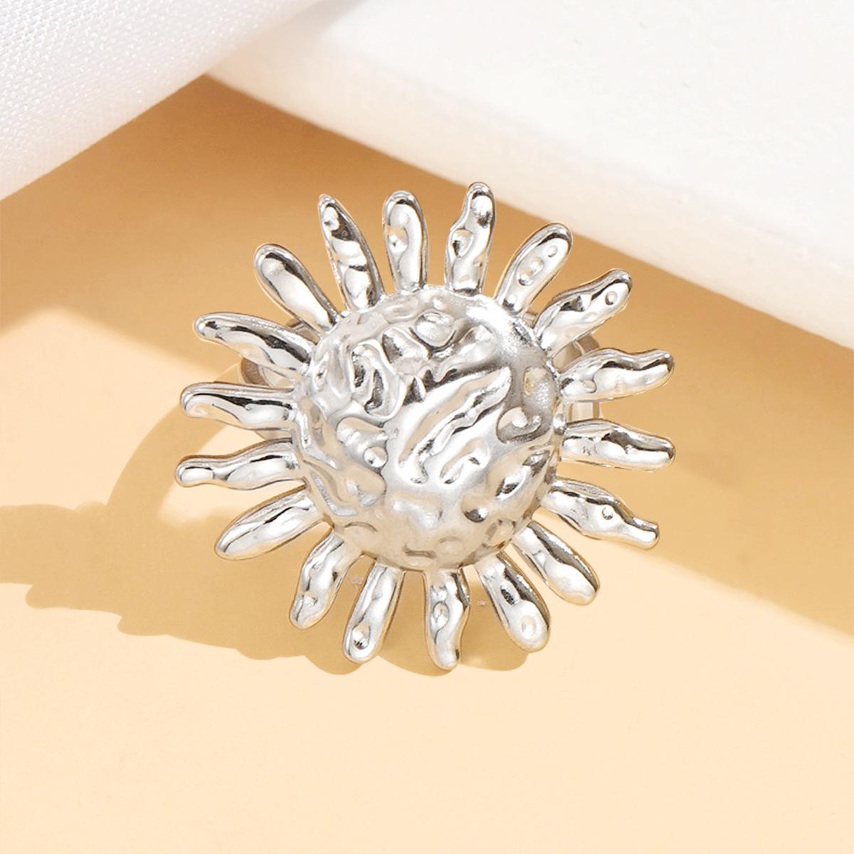 Stainless Steel Hammered Flower Ring - Personalized Sunflower & Daisy Open Design for Women