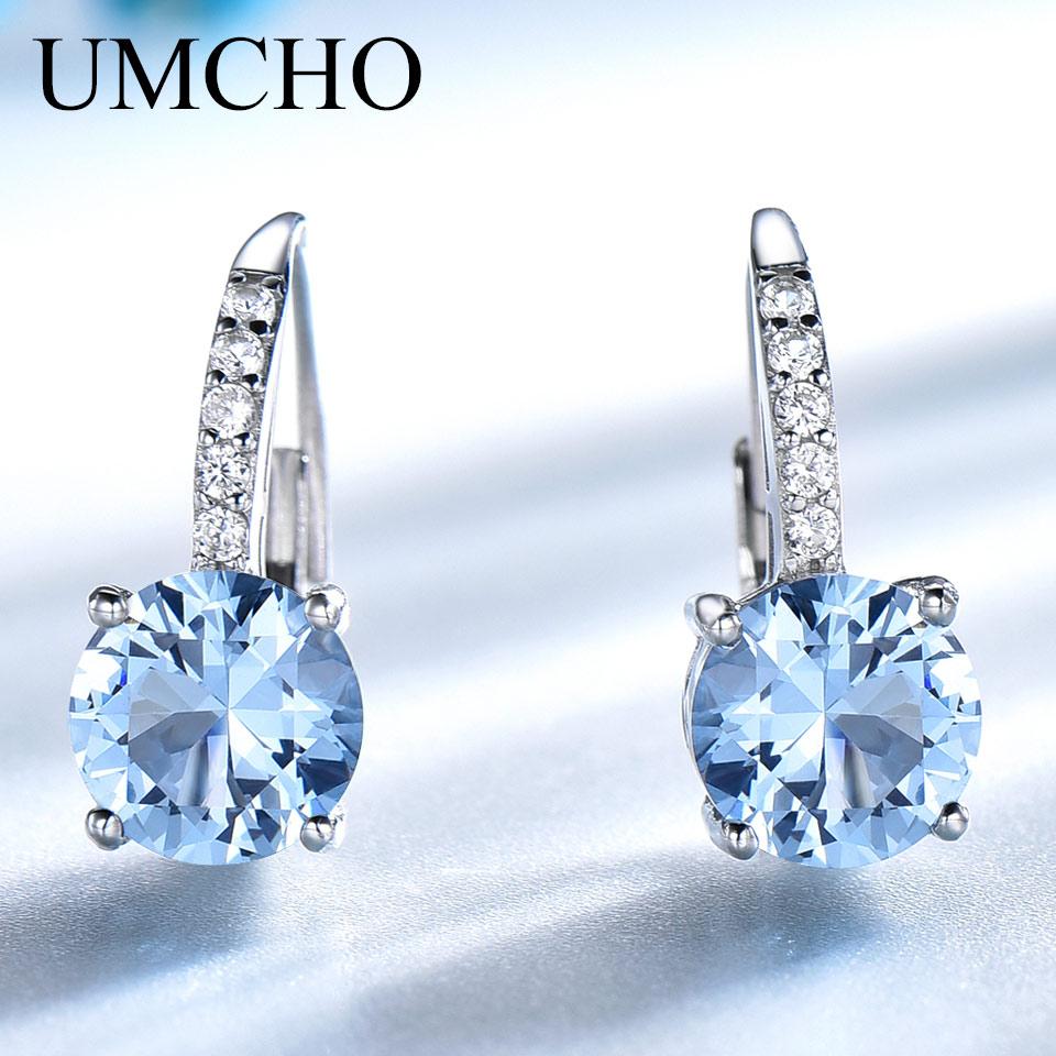 8mm Sky Blue Round Tarnish Unique Zircon Womens 925 Silver Earring