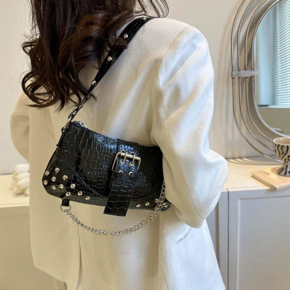 Y2K Crocodile Underarm Bag Korean Style Texture Shoulder Bag Shopping PU Rivet Chain Handbag  Girls