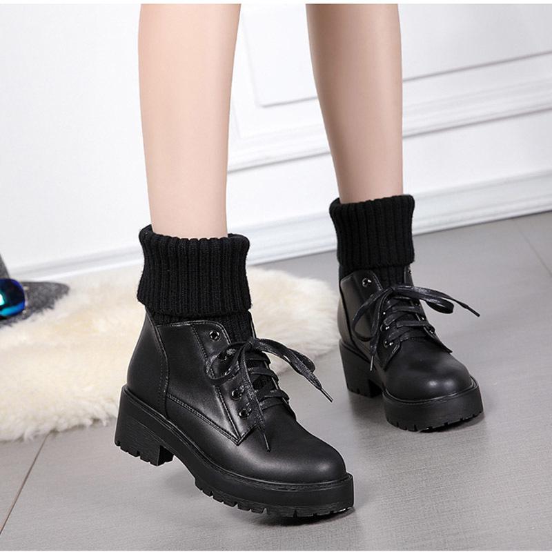 Fashion Shoes for Women Winter Fashion Knitting Velvet Ankle Boots Women Korean Lace-up Platform Botas Warm Square Button Botas De Mujer