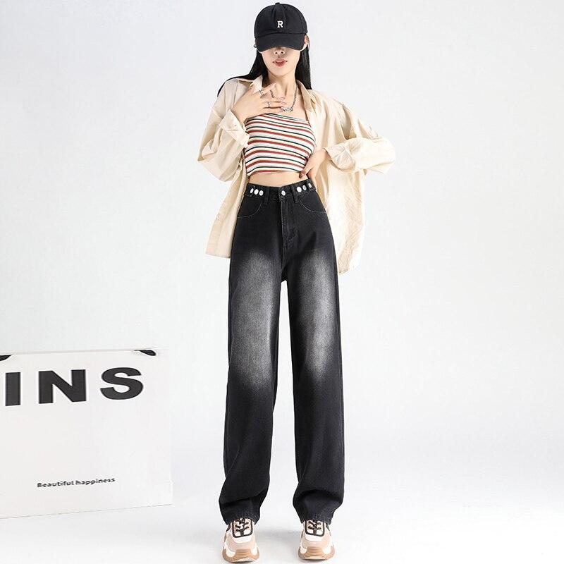 

Осень 2022, новая модная женская одежда в корейском стиле, повседневные тонкие джинсы, свободные широкие длинные брюки в стиле Харадзюку, тонкая высокая талия XXL