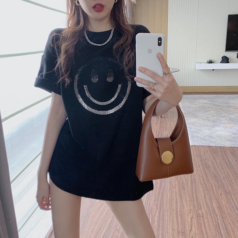 Women's Smiley Face Print Loose Short Sleeve Round Neck T-shirt - Casual Spring/Summer Top