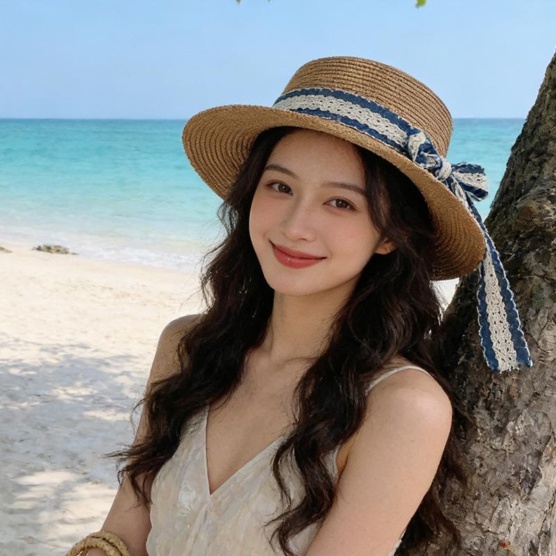 

Simple knitted hat with bow flanging Adult women s hat Shade and sun protection M（56-58cm）