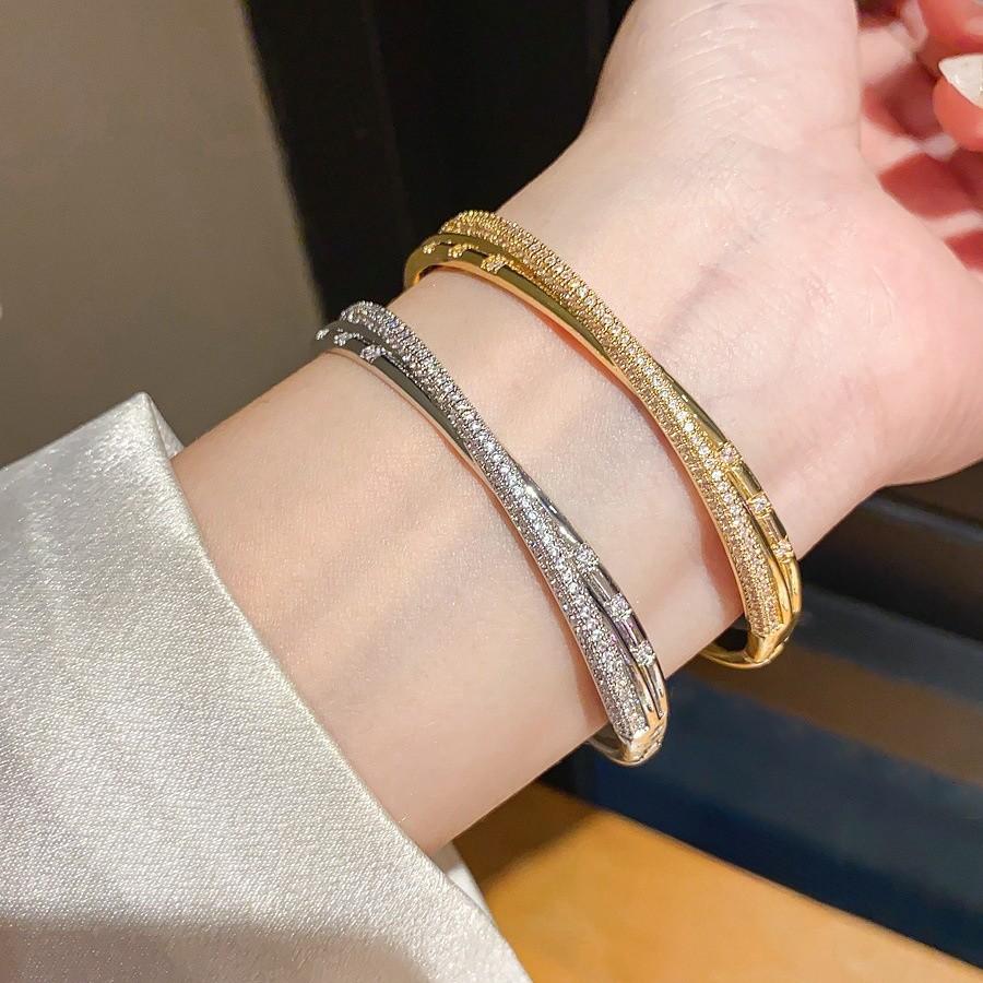 Geometric Zircon Cross Cuff Bracelet In 18k Gold Plating For Women