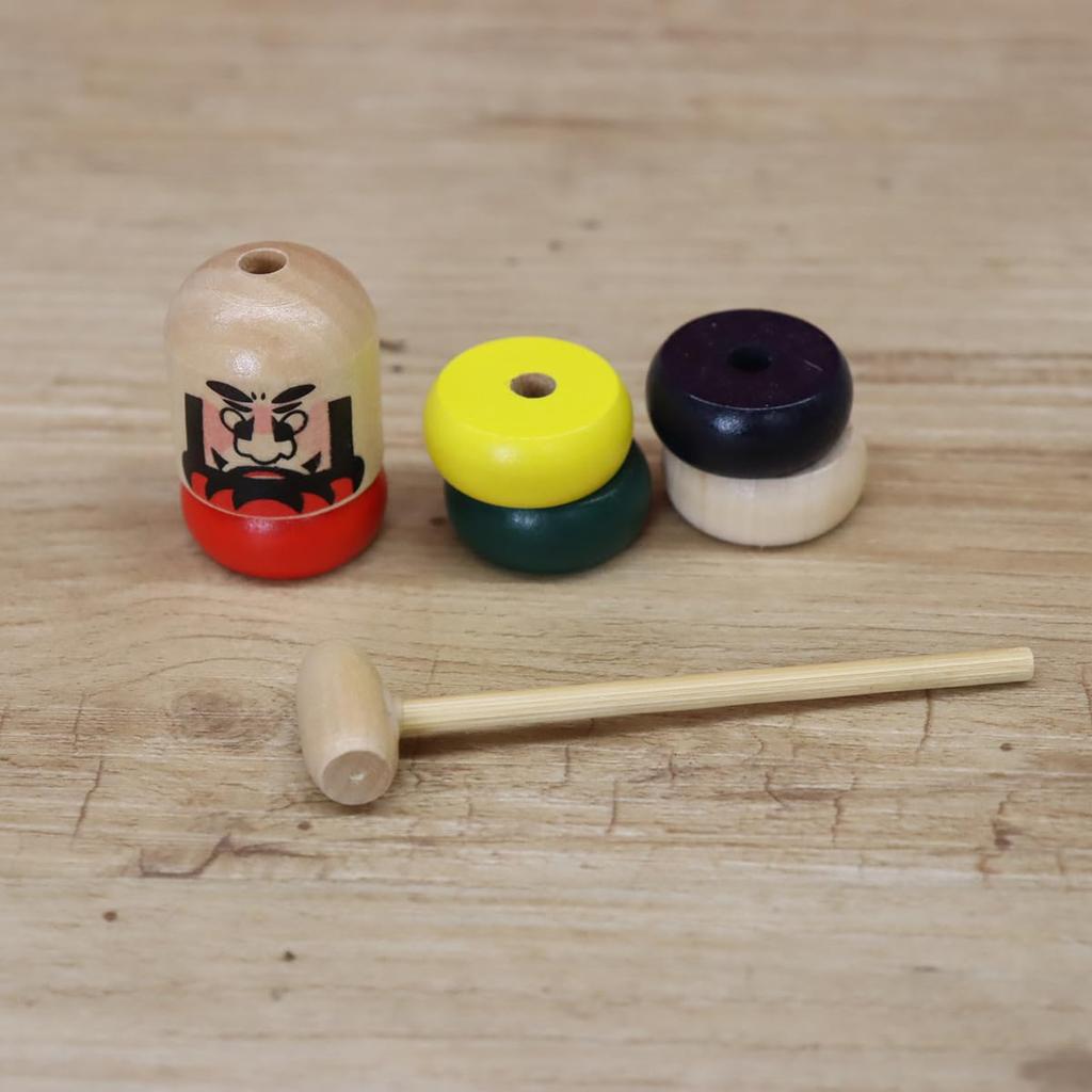 Miniature Japanese Traditional Wooden Toy Set of 3 Each of and Daruma (1 Wanage, Kendama, Drop)