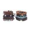 Men's Retro Ethnic Cowhide & Wood Bead Leather Bracelet Set - 11 Handmade Pieces