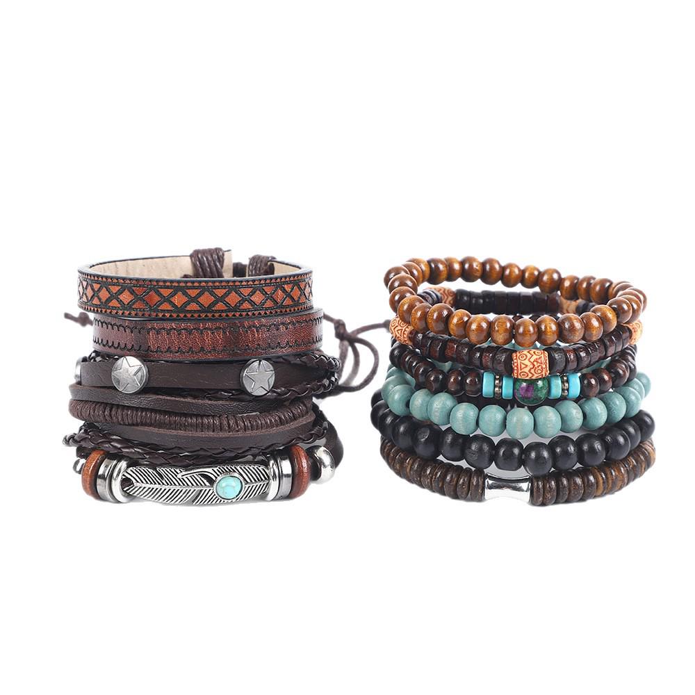 Men's Retro Ethnic Cowhide & Wood Bead Leather Bracelet Set - 11 Handmade Pieces